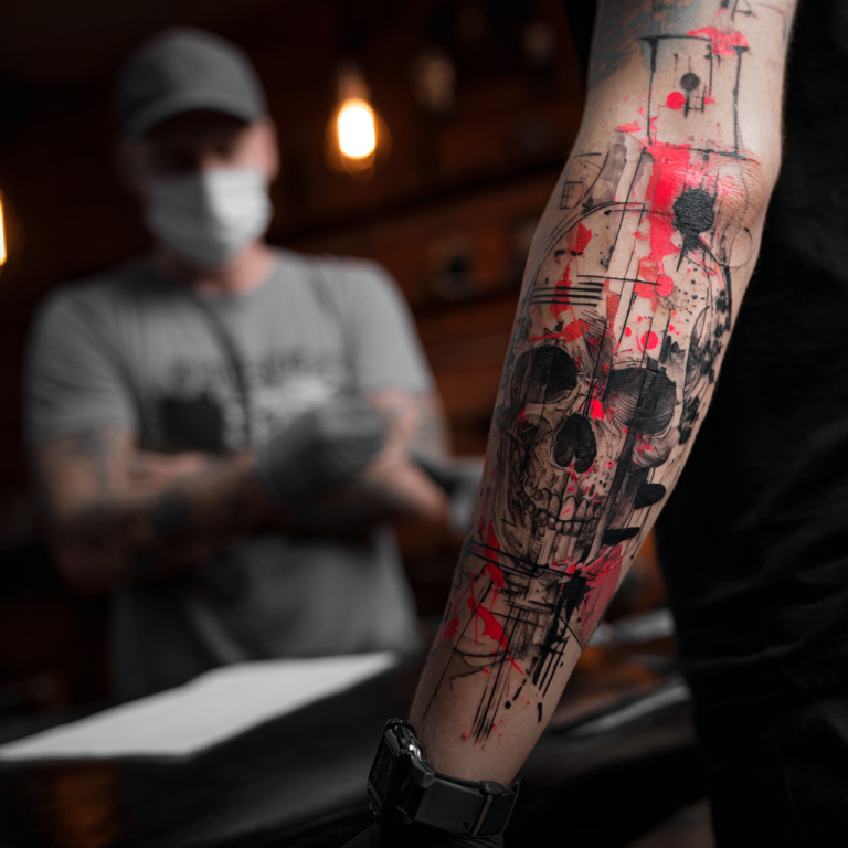 Chaotic Trash Polka Tattoo Design With Black And Red Ink Abst Tattoo