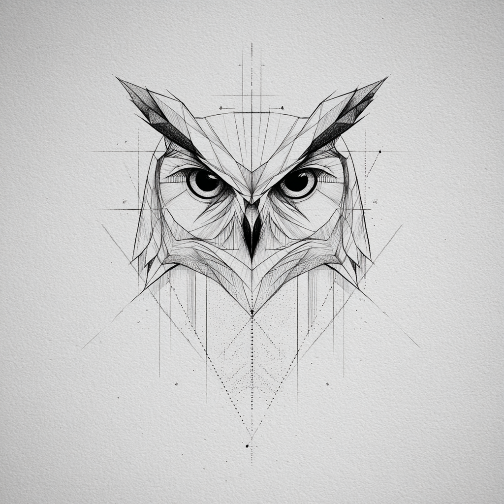 Owl Tattoo Simple Minimal Geometric Cool White And Black Sket Tattoo